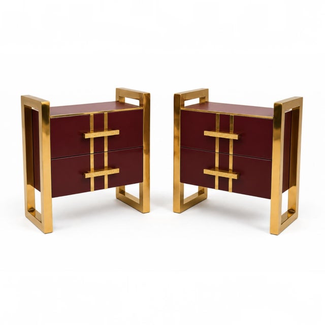 Gold Italian Brass and Burgundy Glass Bedside Tables from Justfurnituress SRL, Set of 2 For Sale - Image 8 of 10