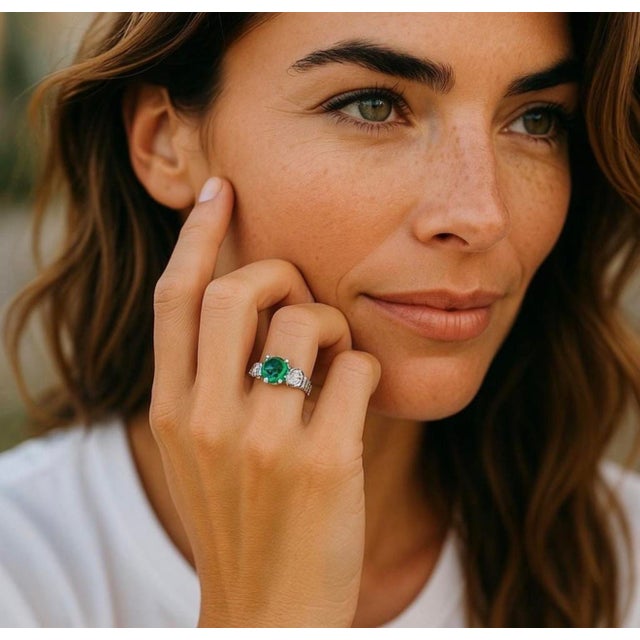 Gia Certified Colombian Emerald Diamond 2.85 Carat 18 Karat Gold Cocktail Ring, Size 6.5 For Sale - Image 4 of 8