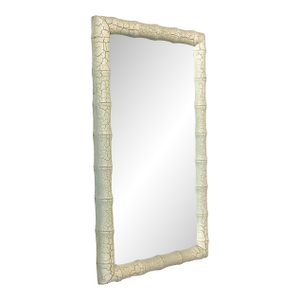 Faux Bamboo Rectangular Green Crackle Framed Wall Mirror, Mid-Century Modern