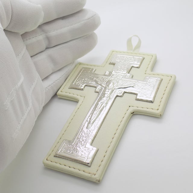 1990s Vintage Italian Handmade Sterling Silver 925 Plated & Faux Leather Holy Cross Wall Decoration For Sale - Image 5 of 9