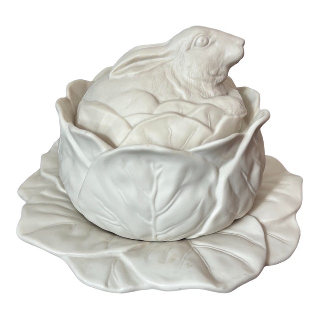 Late 20th Century White Bisque Porcelain Rabbit Cabbage Tureen on Plate Attributed to Bordallo Pinheiro For Sale