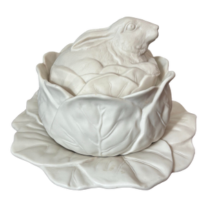 Late 20th Century White Bisque Porcelain Rabbit Cabbage Tureen on Plate Attributed to Bordallo Pinheiro