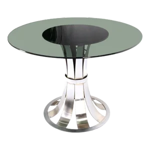 Russel Woodard Polished Aluminum Base Round Smoked Glass Top Dining Cafe Table