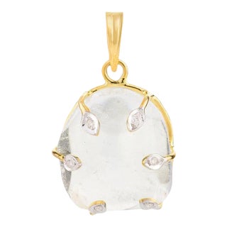 25.92ct Uneven Cut Crystal and Diamond Pendant in 14k Solid Yellow Gold For Sale