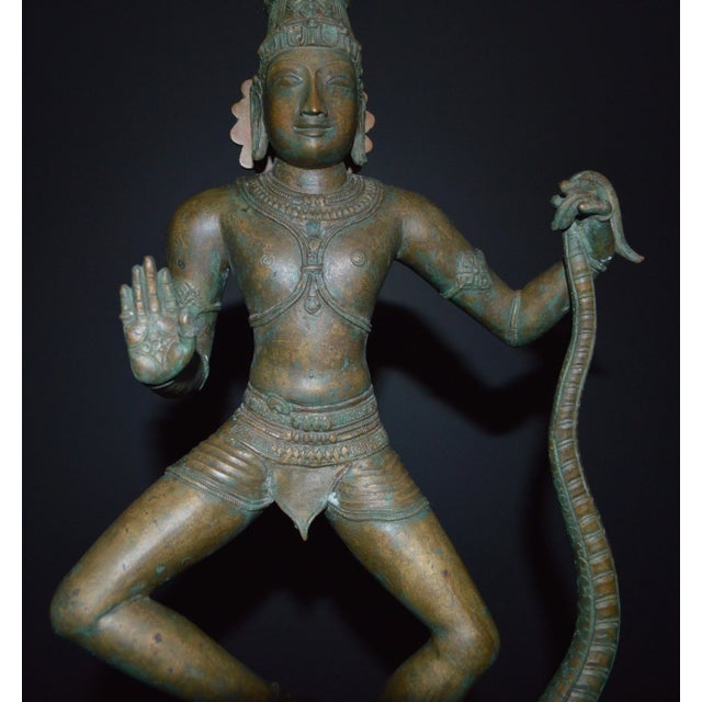 Mid Century Indian Chola Style Bronze Metal Krishna Dance Snake Tandava Tall Large Antique Statue Figure For Sale - Image 4 of 13