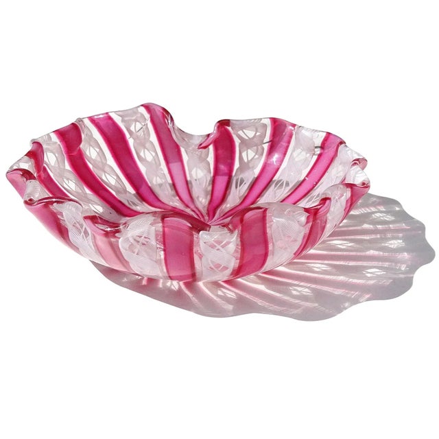 Murano Fratelli Toso Pink White Ribbons Italian Art Glass Vintage Decorative Scalloped Rim Dish Bowl For Sale In Orlando - Image 6 of 7