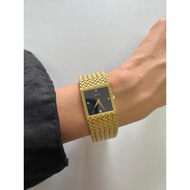 Piaget Black Diamond Dial 18 Karat Yellow Gold Mesh Design Vintage Estate Watch For Sale - Image 12 of 12