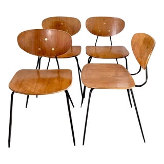 Mud Century Kurt Nordstrom for Knoll Plywood Stacking Dining Chairs With Triple Brass Circles on Back Splat For Sale
