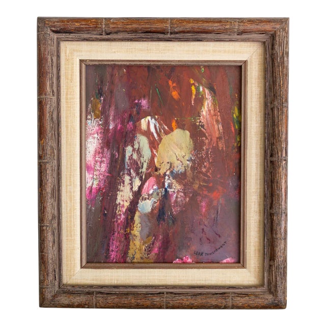 Signed Purple Pink Mauve Abstract Polychrome Painting in Faux Bamboo Frame For Sale