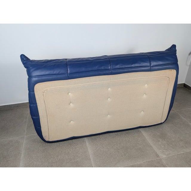 Vintage Togo Three-Seater Sofa in Blue Leather by Michel Ducaroy for Ligne Roset, 1980s For Sale - Image 9 of 10
