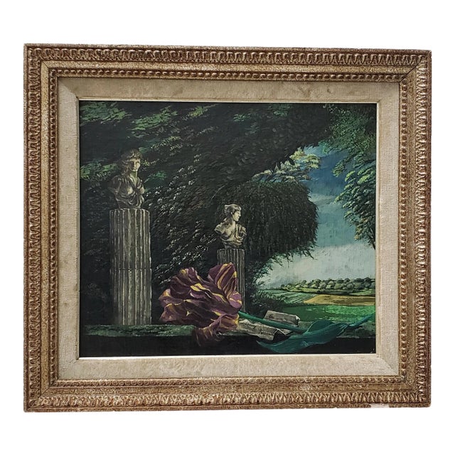 Landscape of Classical Sculptures Overlooking a Lush Country by Robert Franke C.1950s For Sale