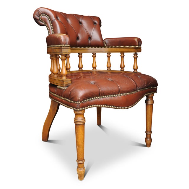 Wood Victorian Style Brown Leather and Beech Desk Chair, 1960s For Sale - Image 7 of 7