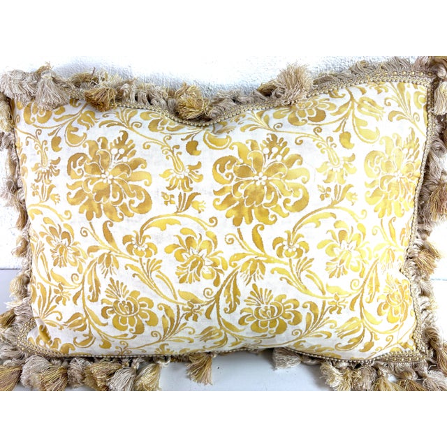 Mustard Vintage Italian Fortuny Tasseled Floral Pillows/ a Pair For Sale - Image 8 of 9