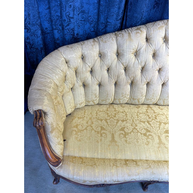 Vintage French Button Back Tufted Sofa With Gold Damask Fabric For Sale - Image 10 of 13