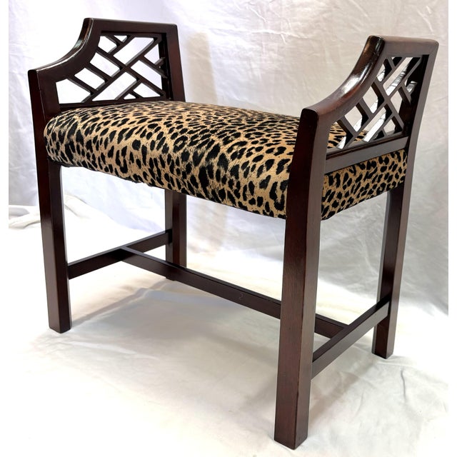 Vintage Fretwork Curved Arm Vanity Stool/ Bench With New Leopard Upholstery For Sale - Image 11 of 18