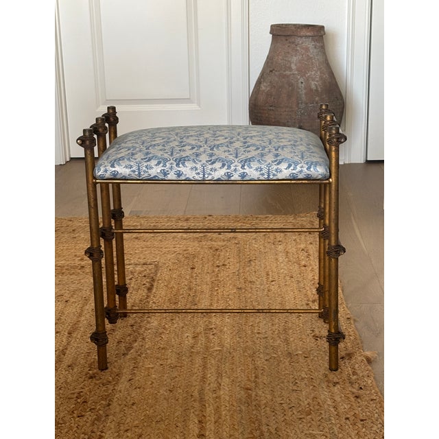 Vintage Gilt Rope Metal Vanity Stool in Fortuny Richelieu Fabric For Sale - Image 16 of 18