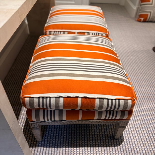 2010s Pair of Hickory Chair Orange and Gray Striped Ottomans For Sale - Image 5 of 10