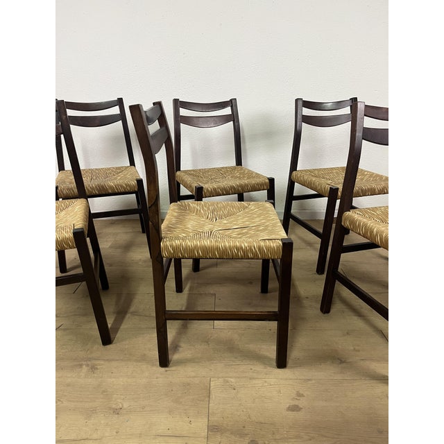 1960s Italian Chairs in Teak Wood and Straw, 1960s, Set of 6 For Sale - Image 5 of 9