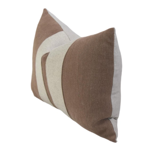 French Brown W/ Cream Appliqué Stripes Wool/Linen Feather/Down Pillow For Sale - Image 4 of 7