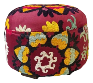Custom Made Round Ottoman W/ Vintage Uzbeck Suzani Upholstery 16" Diameter