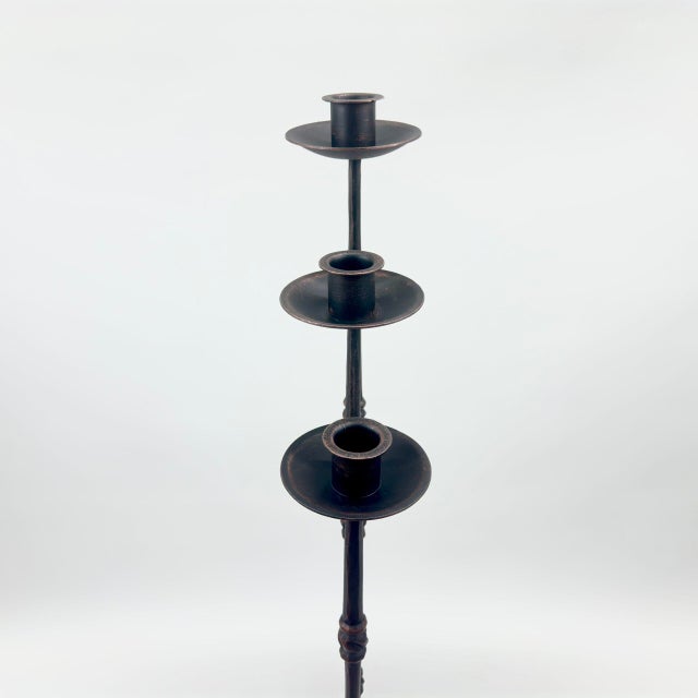 Hand Forged Iron Candelabra Set of 3 (93-113cm) Antique Copper Finish Slender Stem with High Arched Base For Sale - Image 4 of 6