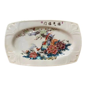 Chinese Off White Porcelain Flower Bird Rectangular Display Plate