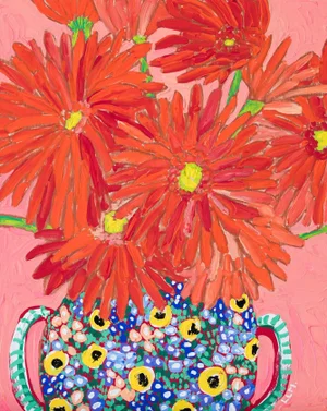 Orange Daisy Bouquet in Country Floral Vase on Pink Maximalist Original Painting