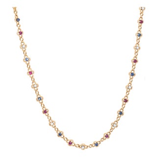 French Antique Gemstone Necklace 18k Yellow Gold 19" Quatrefoil Chain Jewelry For Sale