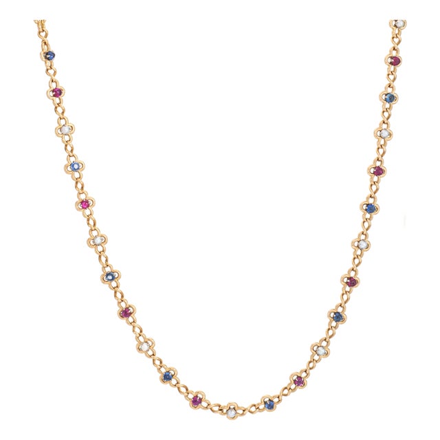 French Antique Gemstone Necklace 18k Yellow Gold 19" Quatrefoil Chain Jewelry For Sale
