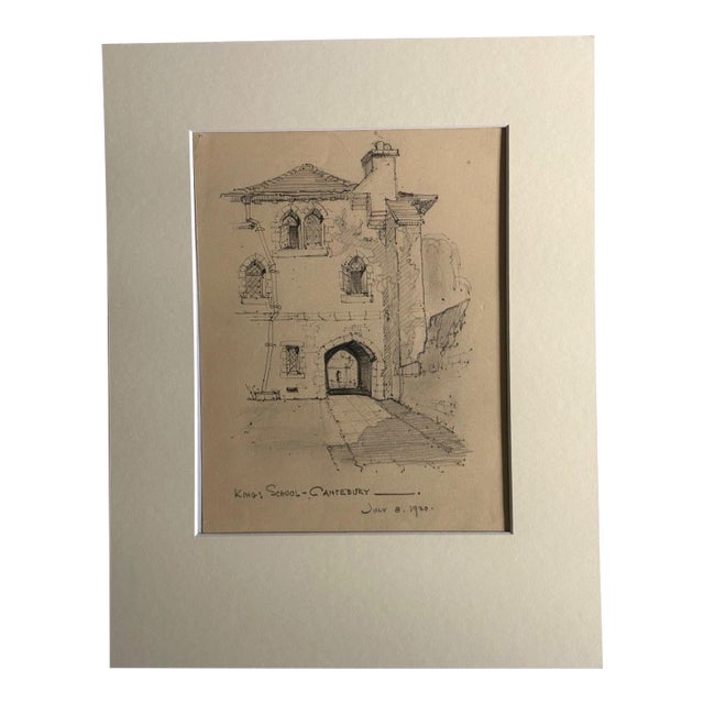 Antique 1920s Walter Church Drawing in 11x14 Mat - King's School Canterbury For Sale