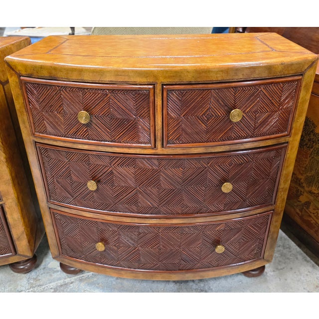 Late 20th Century Pair of Lineage Home Woven Rattan Front and Leather-Clad Bow Front Chest of Drawers For Sale In Washington DC - Image 6 of 18