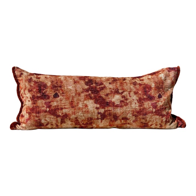 Bespoke Accent Pillow: Sumptuous Orange/Terracotta “Tie- Dyed” Slub Boucle Velvet Xlong Pillow W/Silk Triple Ply Moss Fringe/ 50/50 Down All New For Sale