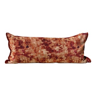 Oversized Sumptuous Orange/Terracotta “Tie- Dyed” Slub Boucle / Velvet Accent Pillow With Orange Moss Fringe and 50/50 Down Fill For Sale