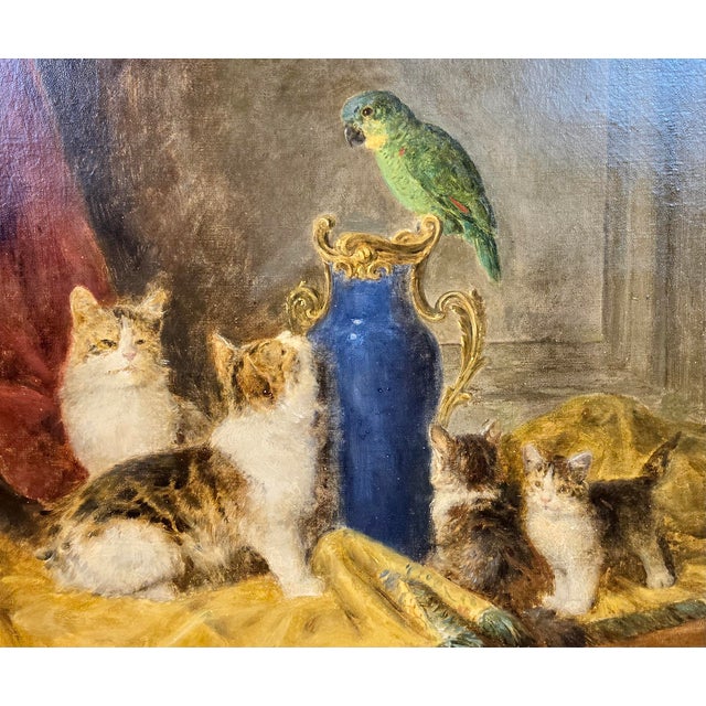 Mid 19th Century Louis Eugène Lambert- Four Cats Playing W/a Parrot- 19th Century Oil Painting For Sale - Image 5 of 13