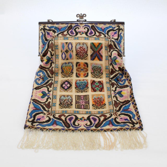 Early 20th Century Antique Micro Rug / Tapestry Pattern Beaded Bag With an Enameled Marcasite Frame For Sale - Image 5 of 12