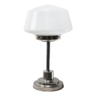 Art Deco White Opaline Glass and Nickel-Plated Desk Lamp For Sale