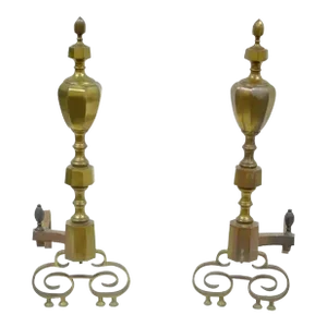 Antique American Federal Pointed Finial Brass Fireplace Andirons - a Pair