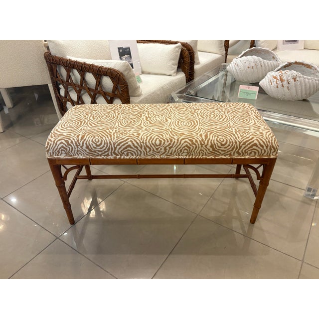 Textile Vintage Faux Bamboo Wood Bench Newly Upholstered Quadrille Fabric For Sale - Image 7 of 11