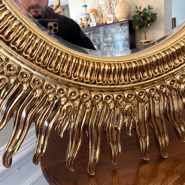 Vintage 1970s Gilded Gold Sunburst Wall Mirror – Hollywood Regency / MCM Accent For Sale - Image 9 of 10