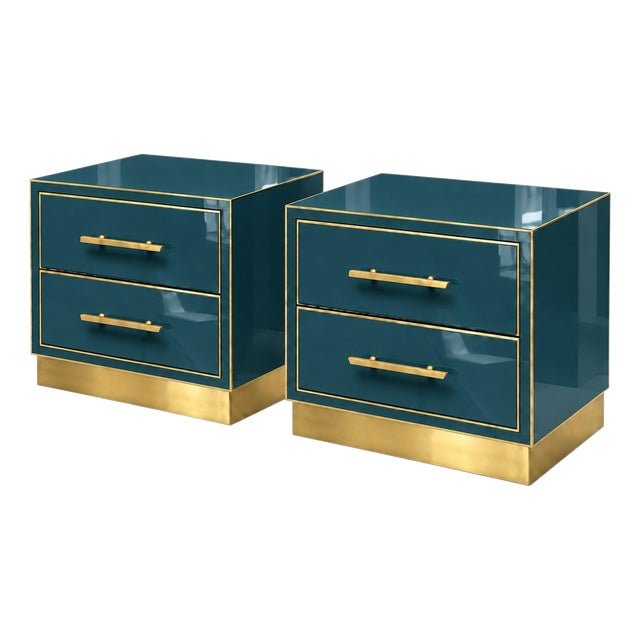 Petrol Blue Murano Glass Nightstands on Brass Plinth from Justfurnituress SRL, Set of 2 For Sale
