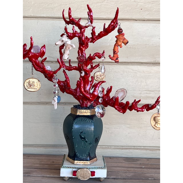 Wunderkammer-Style High-Quality Faux Red Coral Decorative Sculpture With Antique Pendants Handpainted Vase & Marble Base For Sale In Palm Springs - Image 6 of 17