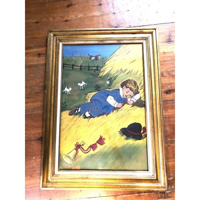 Early 20th Century Little Boy Blue Painting on Canvas Cloth. Classic Fairy Tale illustration of Little Boy Blue fallen...