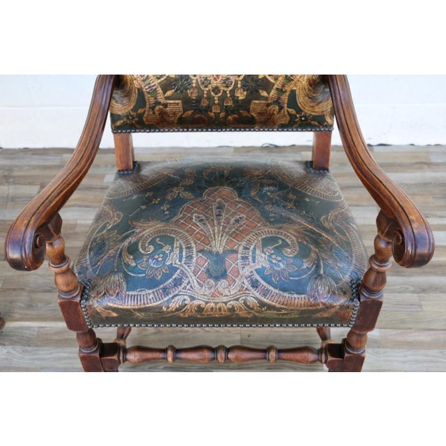 Animal Skin Pair of Early 18th Century Carved Wood Armchairs With Embossed Leather Upholstery For Sale - Image 7 of 18