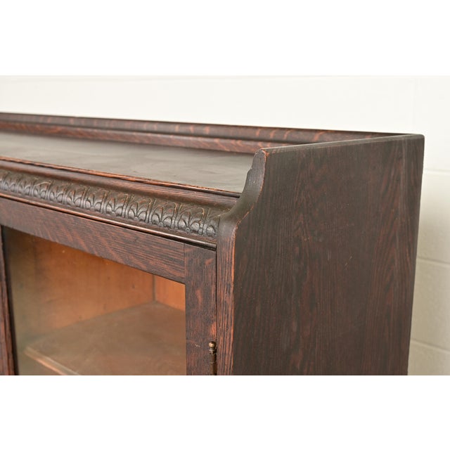 Wood R. J. Horner Style Victorian Carved Oak Glass Front Triple Bookcase, Circa 1890s For Sale - Image 7 of 12