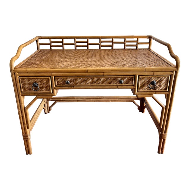 Vintage Rattan Desk Bamboo Coastal Design For Sale