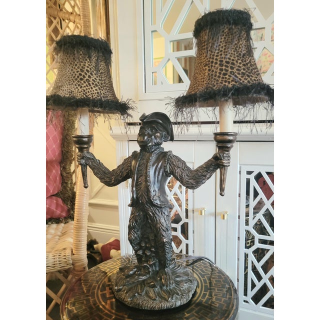 1980s Vintage Double Arm Regency Monkey Whimsical Table Lamp W/Leopard Shades For Sale - Image 5 of 10