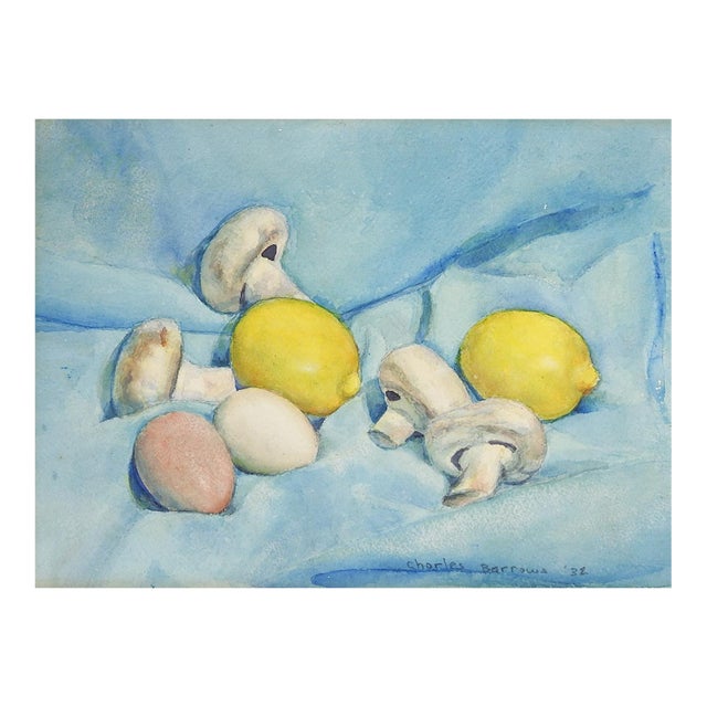 1932 Charles Barrows Lemons Mushrooms Egg Still Life Watercolor Painting For Sale
