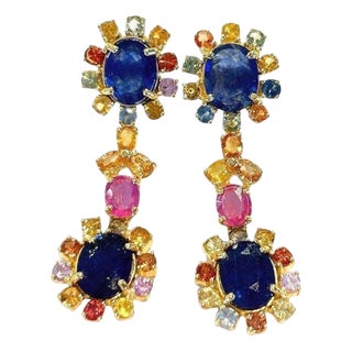 Bochic "Capri" Blue & Multi Sapphire & Ruby Earrings Set In 18K Gold & Silver For Sale