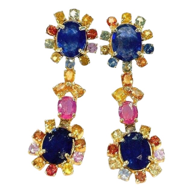 Bochic "Capri" Blue & Multi Sapphire & Ruby Earrings Set In 18K Gold & Silver For Sale