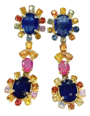 Bochic "Capri" Blue & Multi Sapphire & Ruby Earrings Set In 18K Gold & Silver
